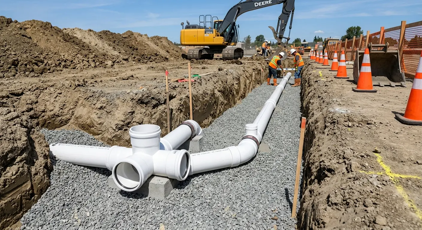 New PVC sewer pipe installation in open trench for Sewer Backup in Egg Harbor