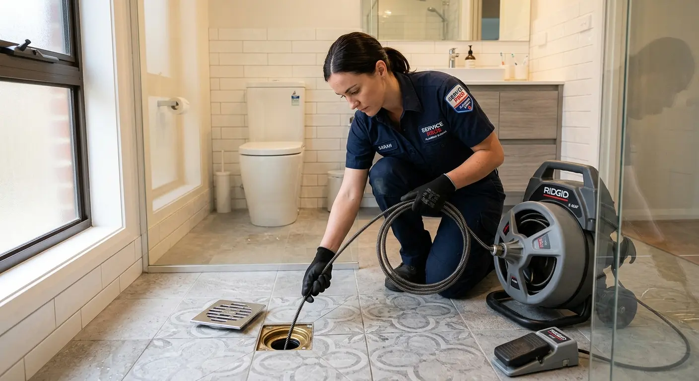 Technician clearing a bathroom floor drain for Hydro Jetting in Egg Harbor